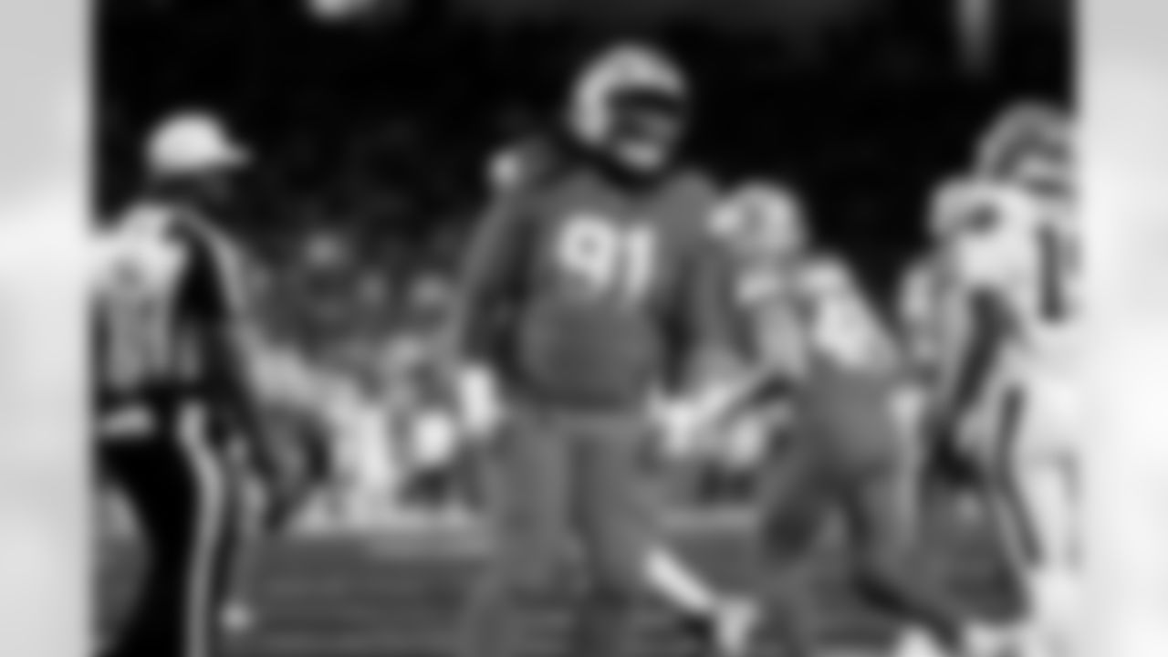 Detroit Lions defensive lineman Tyleik Williams (91) celebrates during an NFL football game against the Cleveland Browns on Sunday, Sept. 28, 2025 in Detroit. (Jeff Nguyen/Detroit Lions via AP)