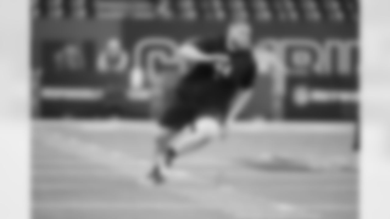 Georgia Tech offensive lineman Keylan Rutledge (44) runs a drill at the NFL football scouting combine in Indianapolis, Sunday, March 1, 2026. (AP Photo/Michael Conroy)