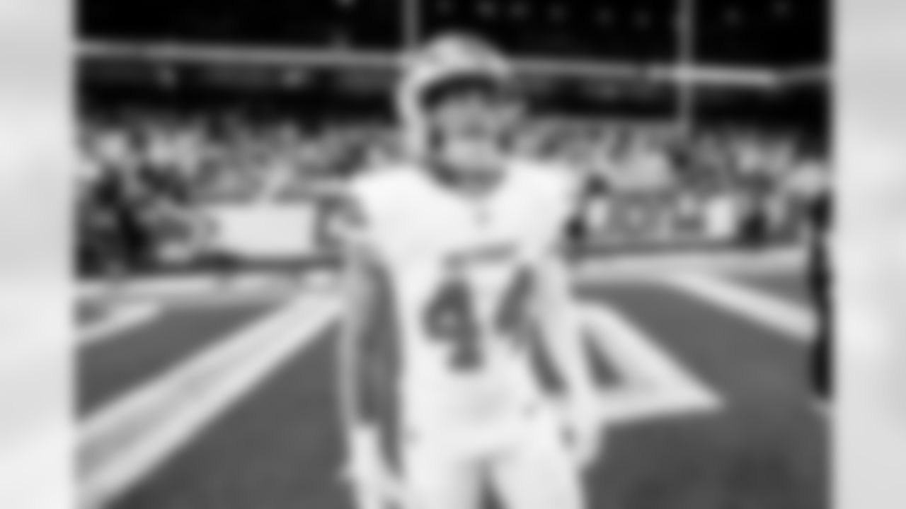 Detroit Lions linebacker Malcolm Rodriguez (44) before an NFL football game against the Dallas Cowboys on Thursday, Dec. 4, 2025 in Detroit. (Jeff Nguyen/Detroit Lions via AP)