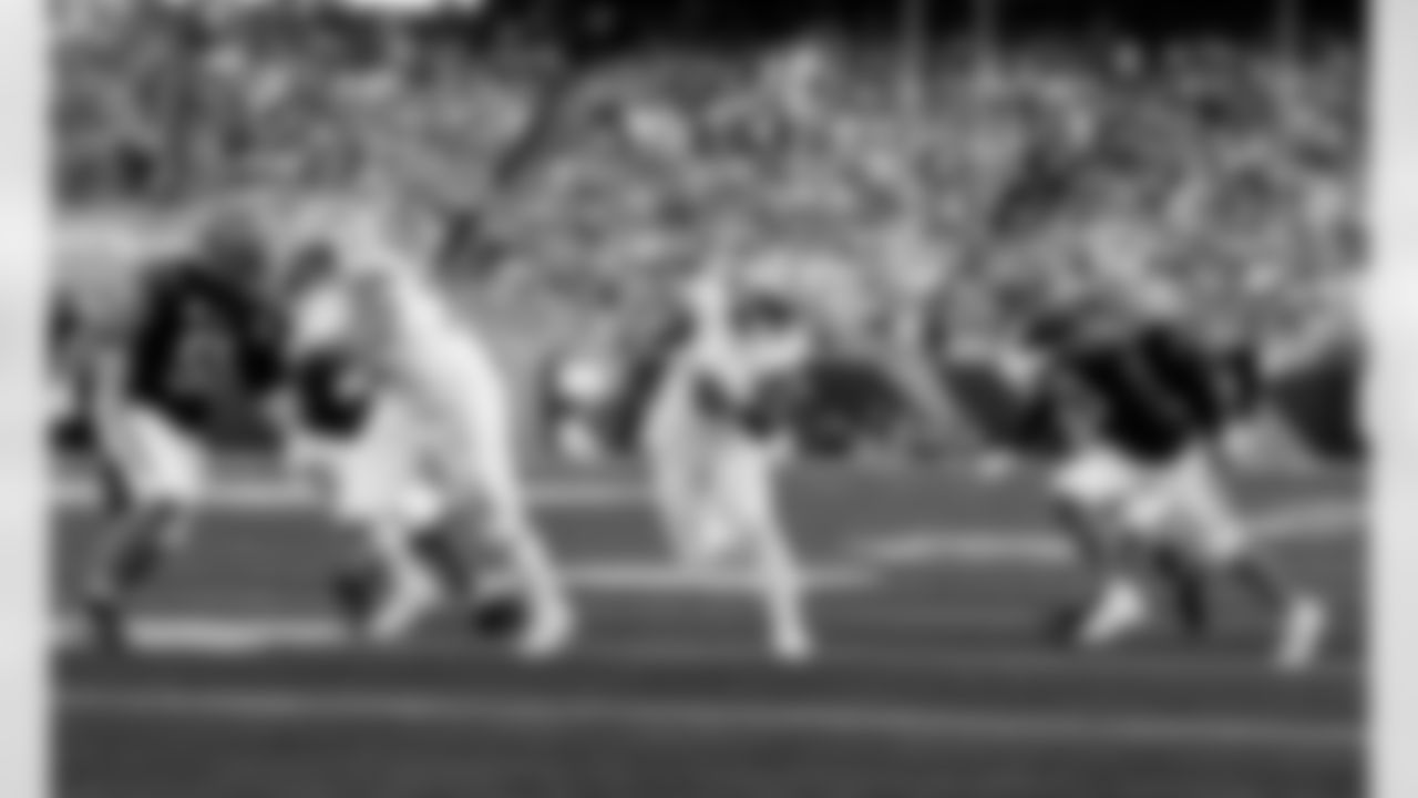 Detroit Lions offensive lineman Christian Mahogany (73) and Detroit Lions running back Jahmyr Gibbs (0) during an NFL football game against the Cincinnati Bengals on Sunday, Oct. 5, 2025 in Cincinnati. (Jeff Nguyen/Detroit Lions via AP)