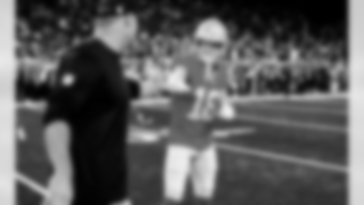 Detroit Lions head coach Dan Campbell and Detroit Lions wide receiver Isaac TeSlaa (18) before an NFL football game against the Green Bay Packers on Thursday, Nov. 27, 2025 in Detroit. (Jeff Nguyen/Detroit Lions via AP)