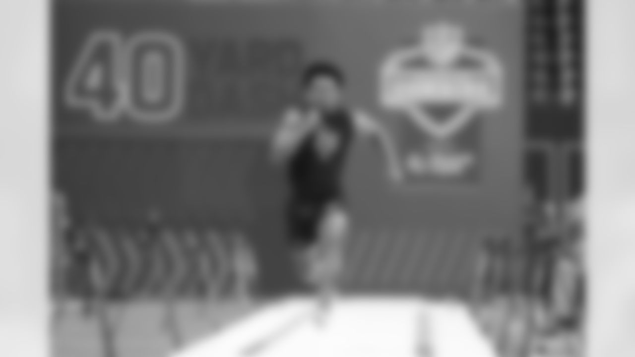 Duke defensive back Chandler Rivers (28) runs the 40-yard dash at the NFL football scouting combine in Indianapolis, Friday, Feb. 27, 2026. (AP Photo/Michael Conroy)