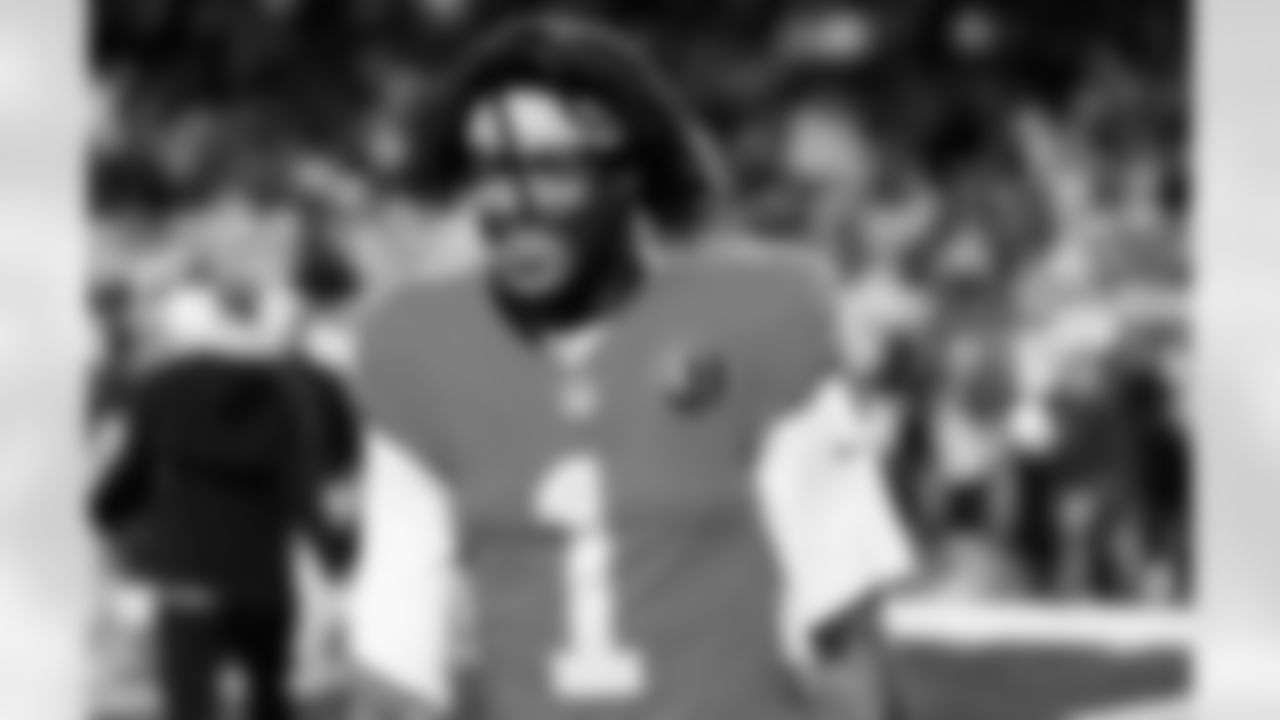 Detroit Lions wide receiver Jameson Williams (1) before an NFL football game against the Green Bay Packers on Thursday, Nov. 27, 2025 in Detroit. (Jeff Nguyen/Detroit Lions via AP)