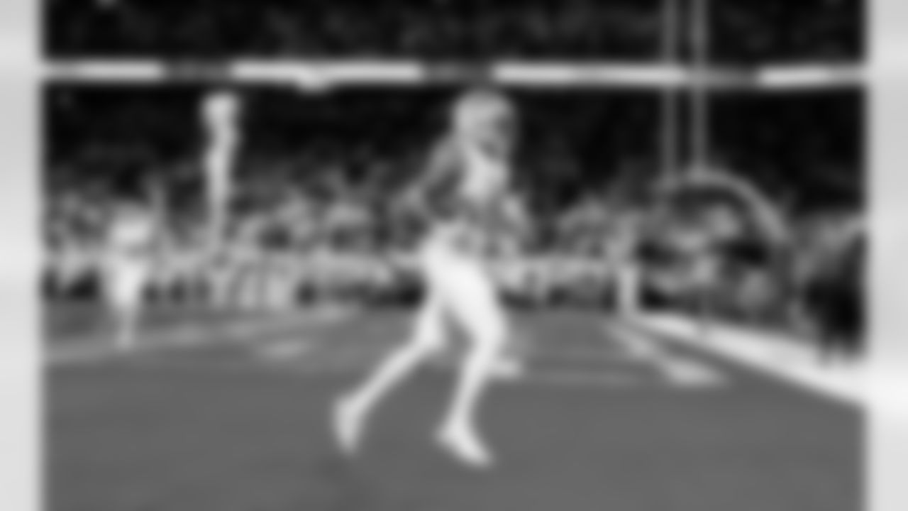 Detroit Lions running back Jahmyr Gibbs (0) scores a touchdown during an NFL football game against the Dallas Cowboys on Thursday, Dec. 4, 2025 in Detroit. (Jeff Nguyen/Detroit Lions via AP)