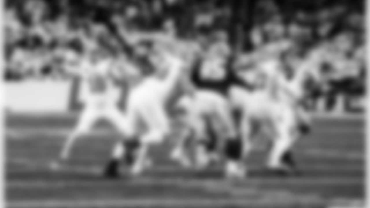 Detroit Lions quarterback Jared Goff (16), Detroit Lions offensive lineman Tate Ratledge (69), Detroit Lions offensive lineman Trystan Colon (57), and Detroit Lions tackle Taylor Decker (68) during an NFL football game against the Dallas Cowboys on Thursday, Dec. 4, 2025 in Detroit. (Jeff Nguyen/Detroit Lions via AP)