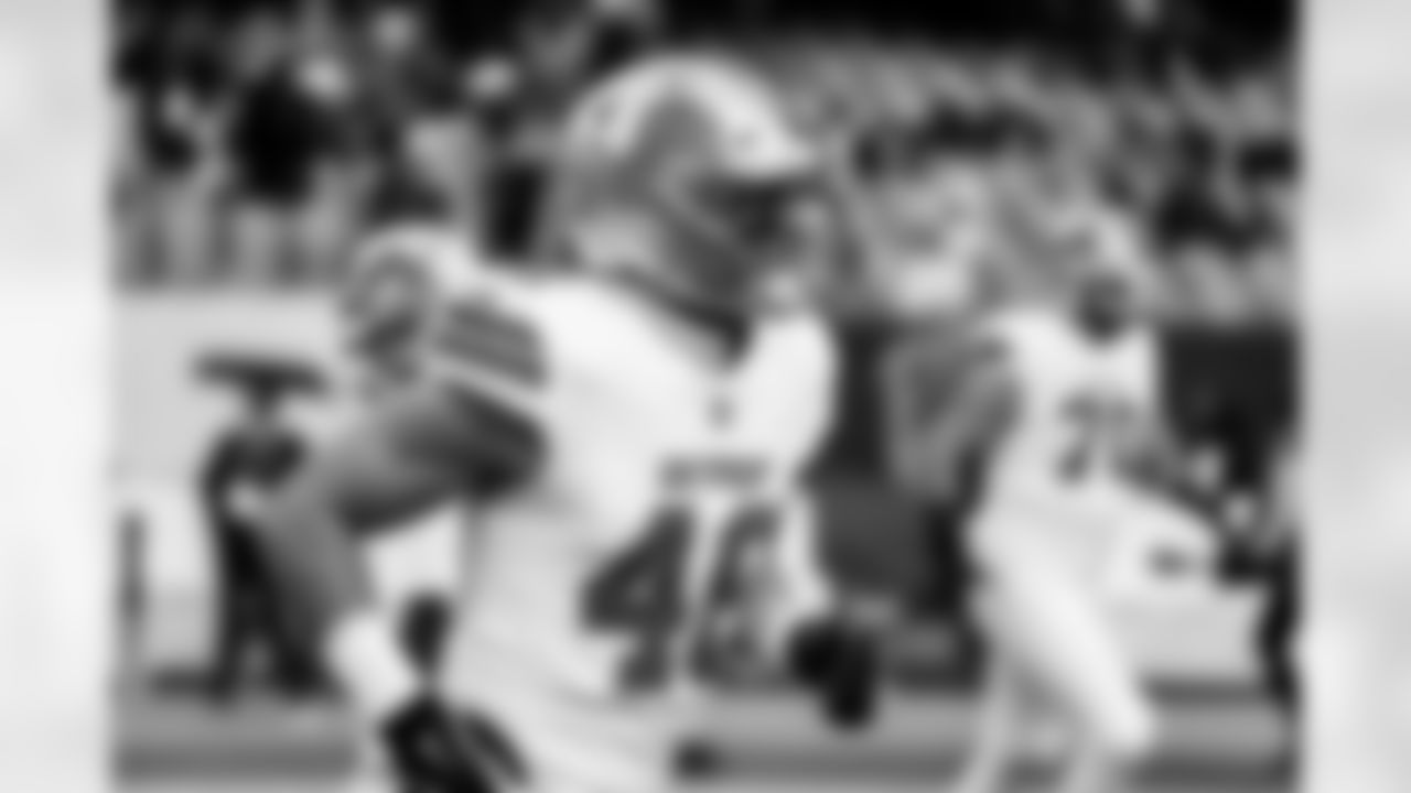 Detroit Lions linebacker Jack Campbell (46) before an NFL football game against the Chicago Bears on Sunday, Jan. 4, 2026 in Chicago. (Jeff Nguyen/Detroit Lions via AP)