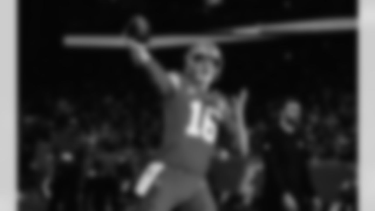 Detroit Lions quarterback Jared Goff (16) before an NFL football game against the Pittsburgh Steelers on Sunday, Dec. 21, 2025 in Detroit. (Jeff Nguyen/Detroit Lions via AP)