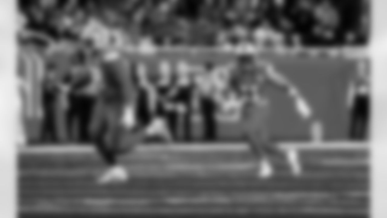 Detroit Lions tackle Penei Sewell (58) and Detroit Lions wide receiver Kalif Raymond (11) during an NFL football game against the Pittsburgh Steelers on Sunday, Dec. 21, 2025 in Detroit. (Jeff Nguyen/Detroit Lions via AP)