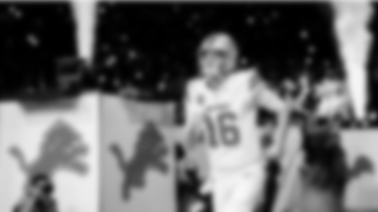 Detroit Lions quarterback Jared Goff (16) before an NFL football game against the Dallas Cowboys on Thursday, Dec. 4, 2025 in Detroit. (Jeff Nguyen/Detroit Lions via AP)