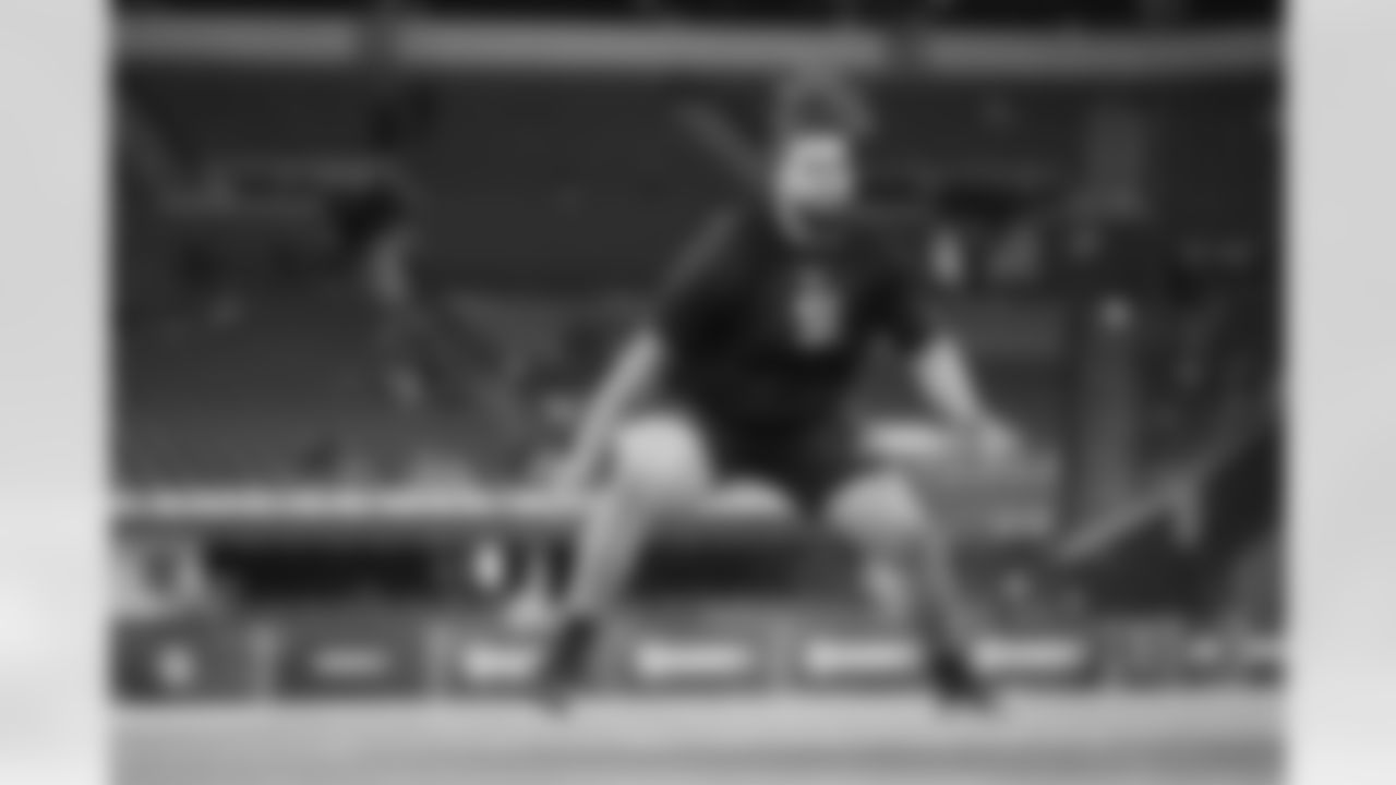 Missouri offensive lineman Keagen Trost (51) runs a drill at the NFL football scouting combine in Indianapolis, Sunday, March 1, 2026. (AP Photo/Michael Conroy)