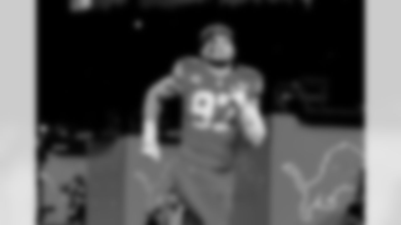 Detroit Lions edge rusher Aidan Hutchinson (97) before an NFL football game against the Pittsburgh Steelers on Sunday, Dec. 21, 2025 in Detroit. (Jeff Nguyen/Detroit Lions via AP)