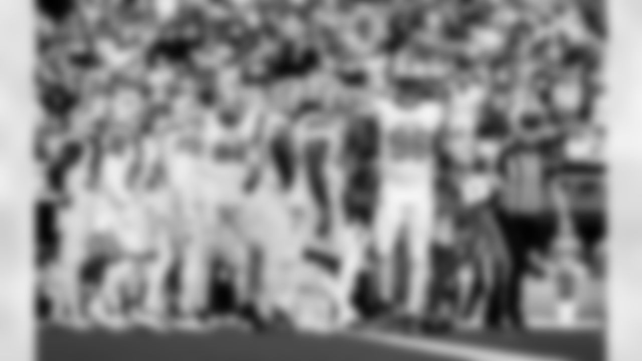 Detroit Lions defensive back Avonte Maddox (29), Detroit Lions cornerback D.J. Reed (4), Detroit Lions edge rusher Marcus Davenport (92), Detroit Lions defensive lineman Alim McNeill (54), and Detroit Lions edge rusher Al-Quadin Muhammad (96) during an NFL football game against the Los Angeles Rams on Sunday, Dec. 14, 2025 in Inglewood, Calif. (Jeff Nguyen/Detroit Lions via AP)