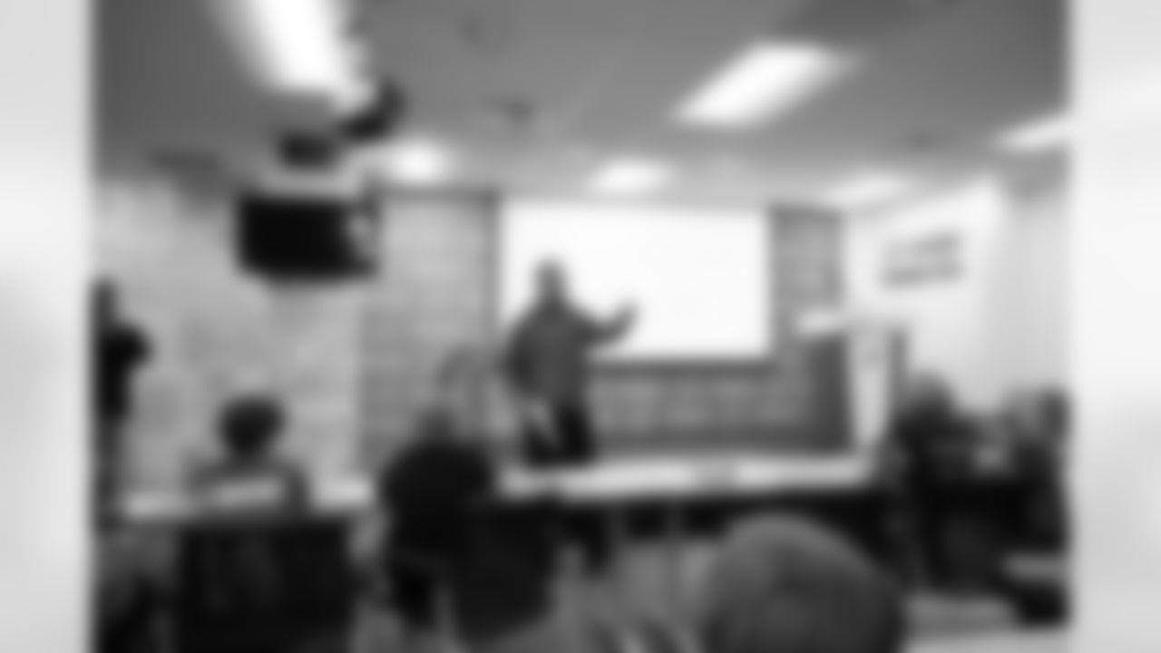 Detroit Lions wide receiver Amon-Ra St. Brown (14) announces the winning design during a shoe design competition event at the Meijer Performance Center on Sept. 27, 2025 in Allen Park, Mich. (Carl Jones II/Detroit Lions via AP)