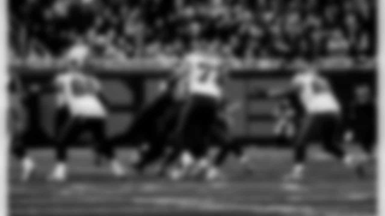 Detroit Lions edge rusher Al-Quadin Muhammad (96) strip sacks Tampa Bay Buccaneers quarterback Baker Mayfield (6) during an NFL football game against the Tampa Bay Buccaneers on Monday, Oct. 20, 2025 in Detroit. (Jeff Nguyen/Detroit Lions via AP)