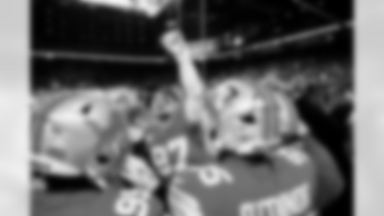 Detroit Lions edge rusher Aidan Hutchinson (97) before an NFL football game against the Cleveland Browns on Sunday, Sept. 28, 2025 in Detroit. (Jeff Nguyen/Detroit Lions via AP)