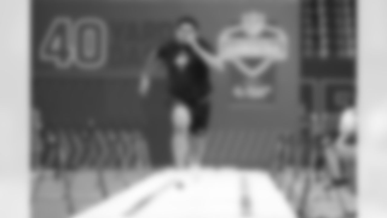 Penn State offensive lineman Drew Shelton (46) runs a drill at the NFL football scouting combine in Indianapolis, Sunday, March 1, 2026. (AP Photo/Michael Conroy)