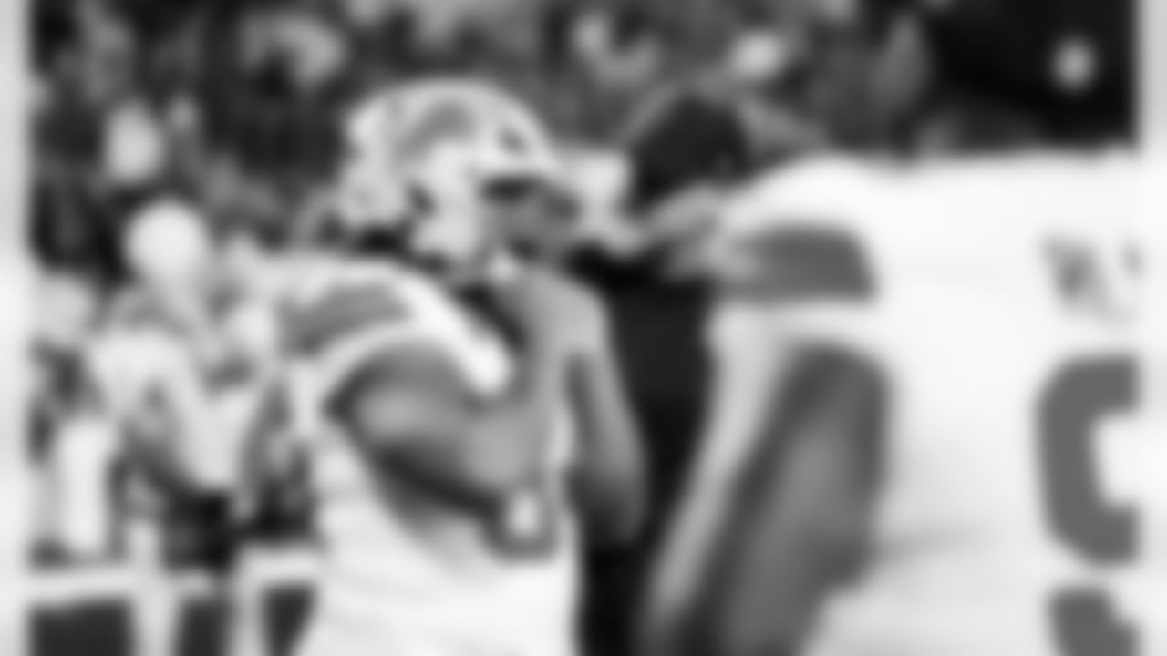 Detroit Lions defensive lineman Alim McNeill (54) and Detroit Lions head coach Dan Campbell before an NFL football game against the Dallas Cowboys on Thursday, Dec. 4, 2025 in Detroit. (Jeff Nguyen/Detroit Lions via AP)