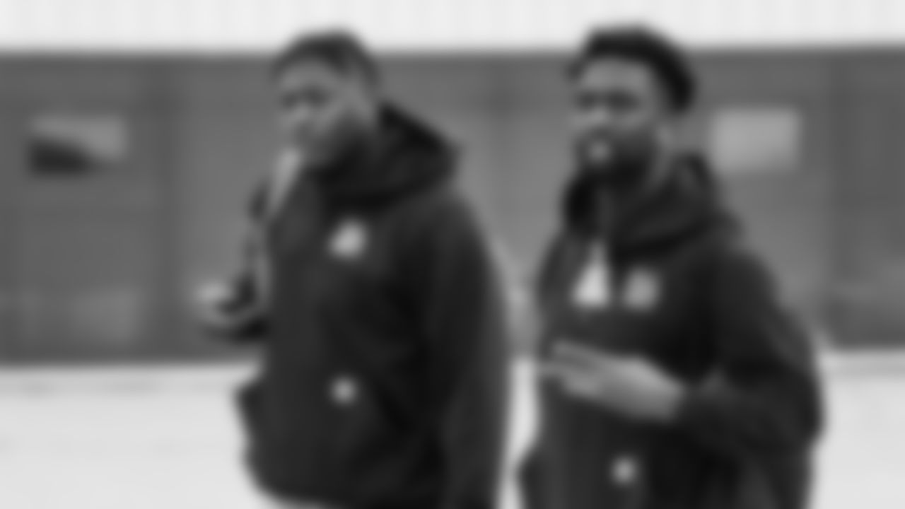 Detroit Lions defensive lineman Brodric Martin (96) and Detroit Lions safety Kerby Joseph (31) travel to Indianapolis on Nov. 23, 2024. (Jeff Nguyen/Detroit Lions via AP)