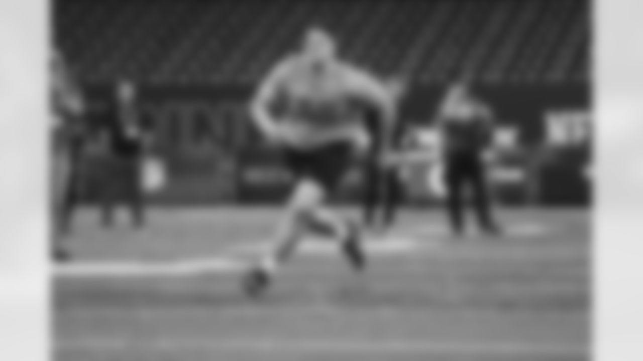 Notre Dame offensive lineman Joe Alt participates in a drill during the 2024 NFL Scouting Combine on Sunday, March 3, 2024 in Indianapolis, Indiana.