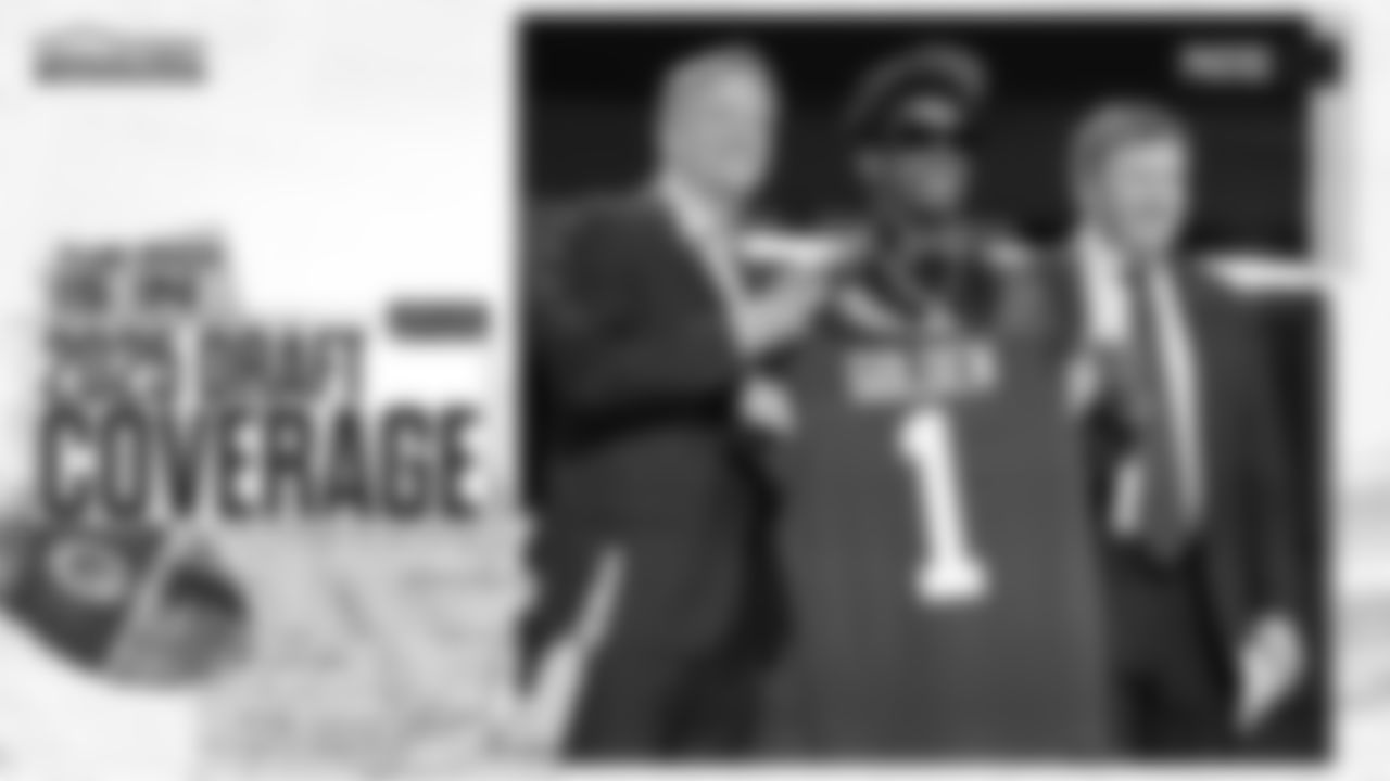 WR Matthew Golden steps on the stage as he's selected by the Packers in the first round of the NFL Draft in Green Bay on Thursday, April 24, 2025.