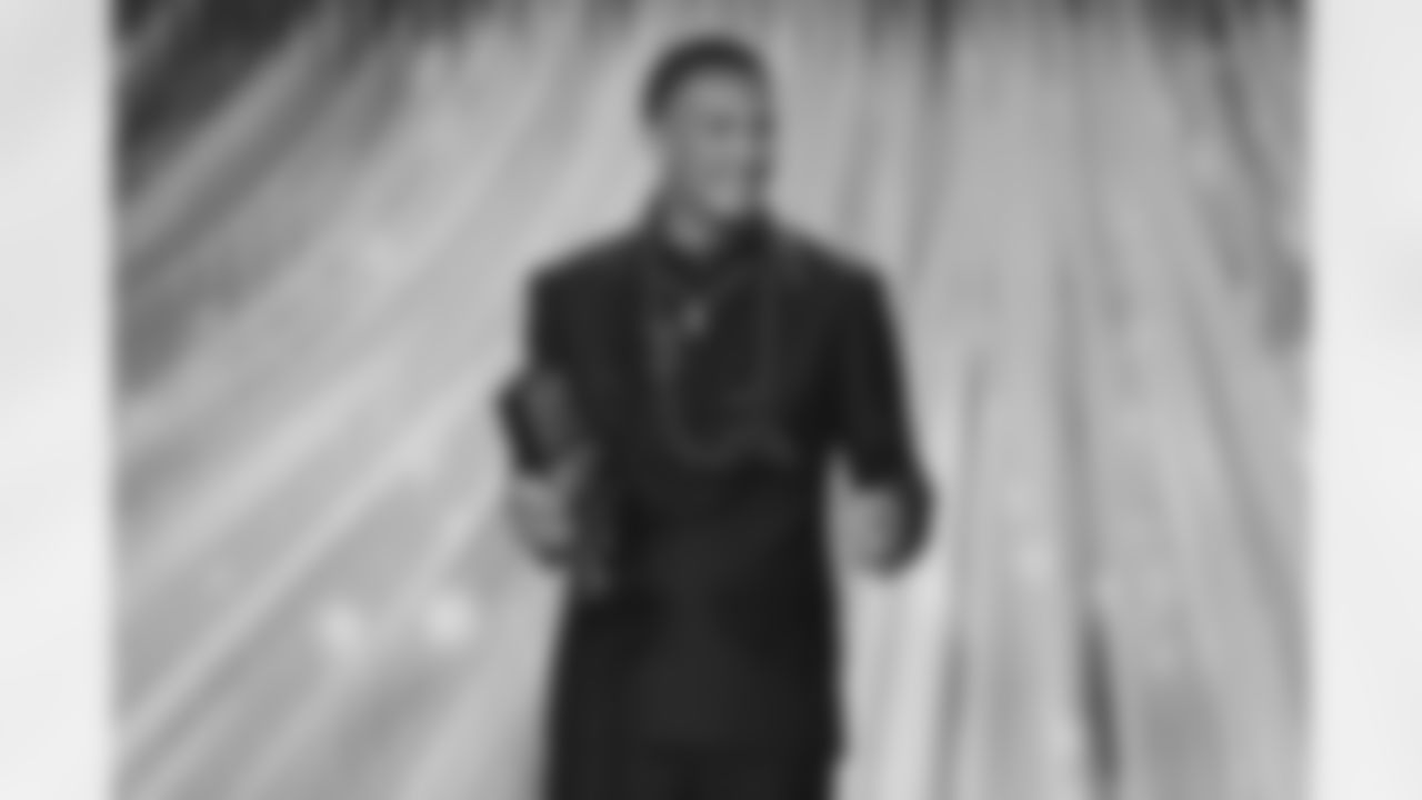 Carolina Panthers wide receiver Tetairoa McMillan (4) accepts his award for AP rookie of the year during the NFL Honors awards show on Thursday, February 5, 2026 in San Francisco, California. (Logan Bowles/NFL)