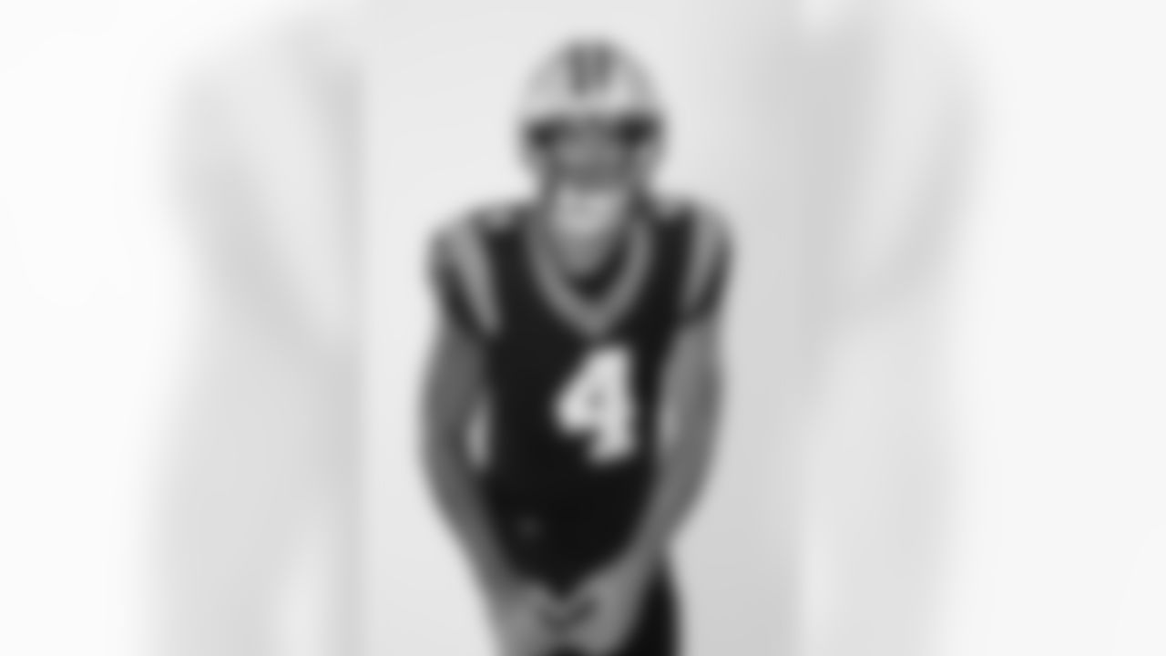 Carolina Panthers wide receiver Tetairoa McMillan (4) poses for a portrait during the NFLPA Rookie Premiere on Saturday, May 17, 2025 in Thousand Oaks, Calif. (Ben Liebenberg via AP)