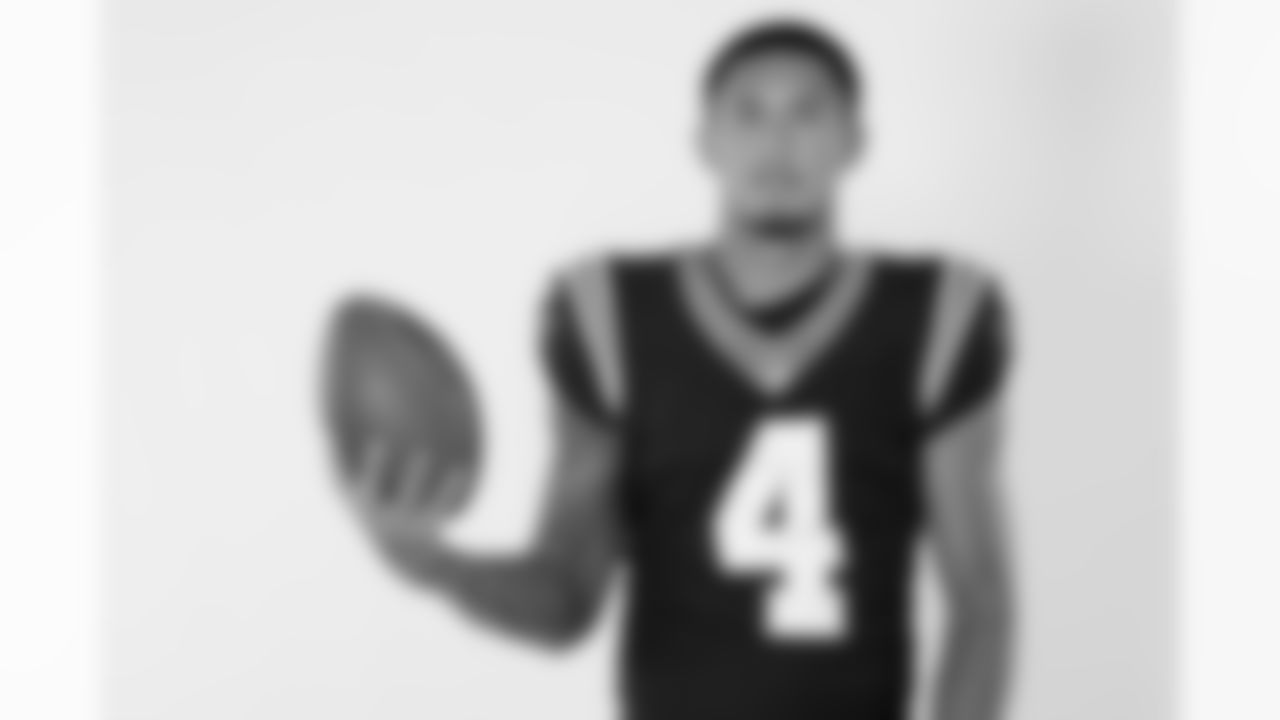 Carolina Panthers wide receiver Tetairoa McMillan (4) poses for a portrait during the NFLPA Rookie Premiere on Saturday, May 17, 2025 in Thousand Oaks, Calif. (Ben Liebenberg via AP)