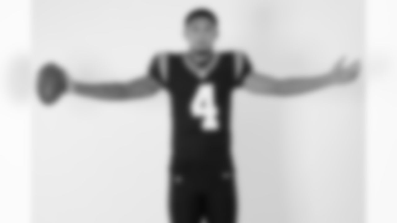 Carolina Panthers wide receiver Tetairoa McMillan (4) poses for a portrait during the NFLPA Rookie Premiere on Saturday, May 17, 2025 in Thousand Oaks, Calif. (Ben Liebenberg via AP)