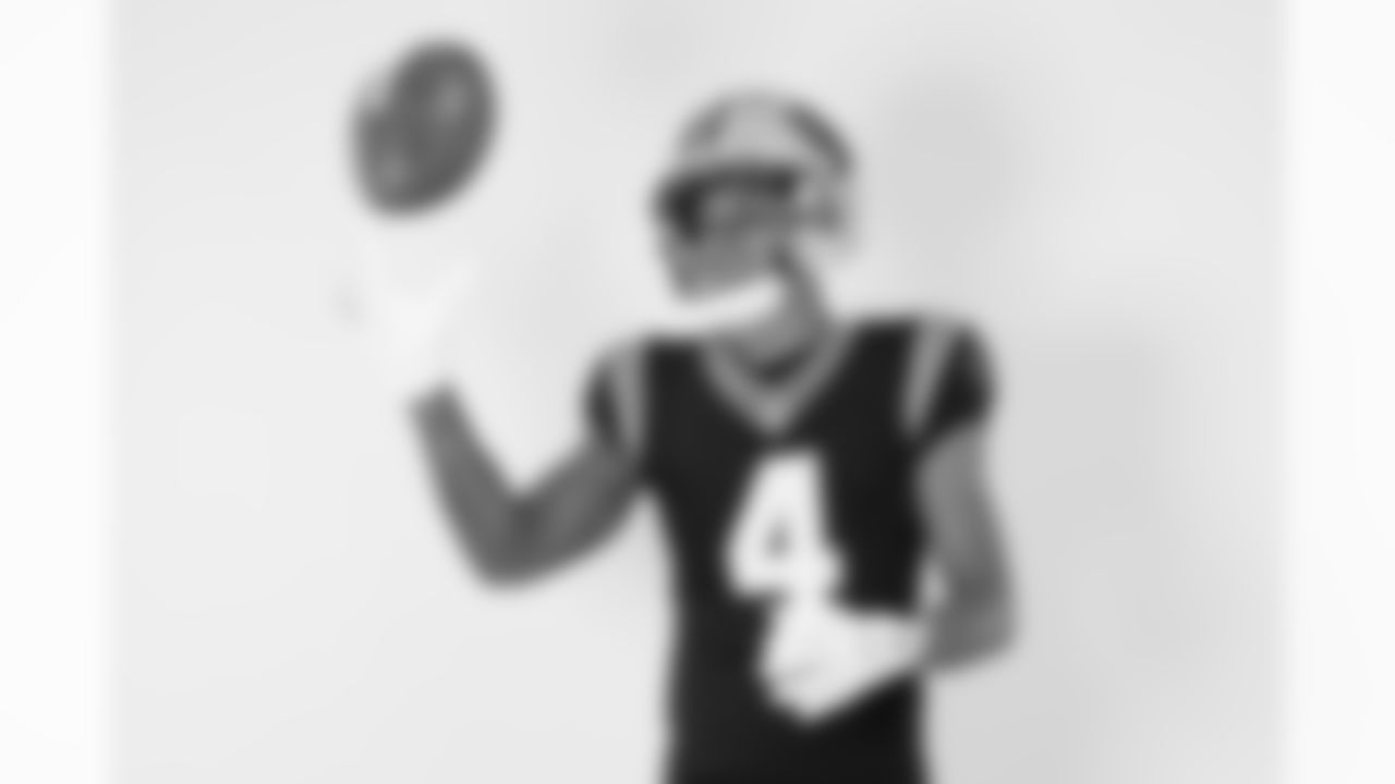 Carolina Panthers wide receiver Tetairoa McMillan (4) poses for a portrait during the NFLPA Rookie Premiere on Saturday, May 17, 2025 in Thousand Oaks, Calif. (Ben Liebenberg via AP)