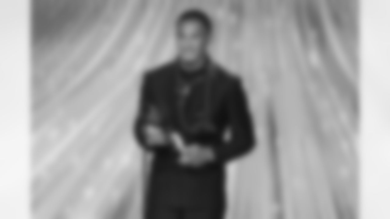 Carolina Panthers wide receiver Tetairoa McMillan (4) accepts his award for AP rookie of the year during the NFL Honors awards show on Thursday, February 5, 2026 in San Francisco, California. (Logan Bowles/NFL)