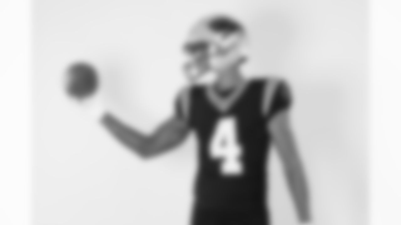 Carolina Panthers wide receiver Tetairoa McMillan (4) poses for a portrait during the NFLPA Rookie Premiere on Saturday, May 17, 2025 in Thousand Oaks, Calif. (Ben Liebenberg via AP)