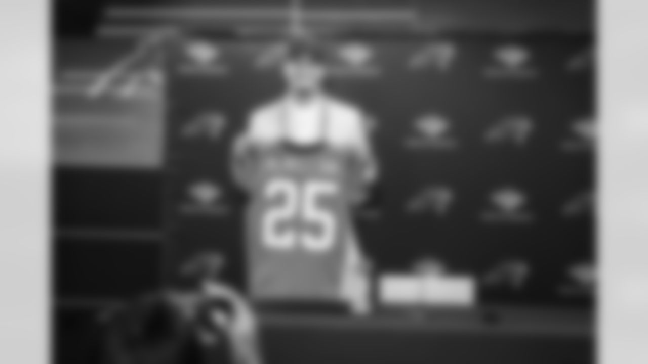 Tetairoa McMillan speaks during introductory Carolina Panthers press conference at Bank of America Stadium following his selection in the 2025 NFL Draft.