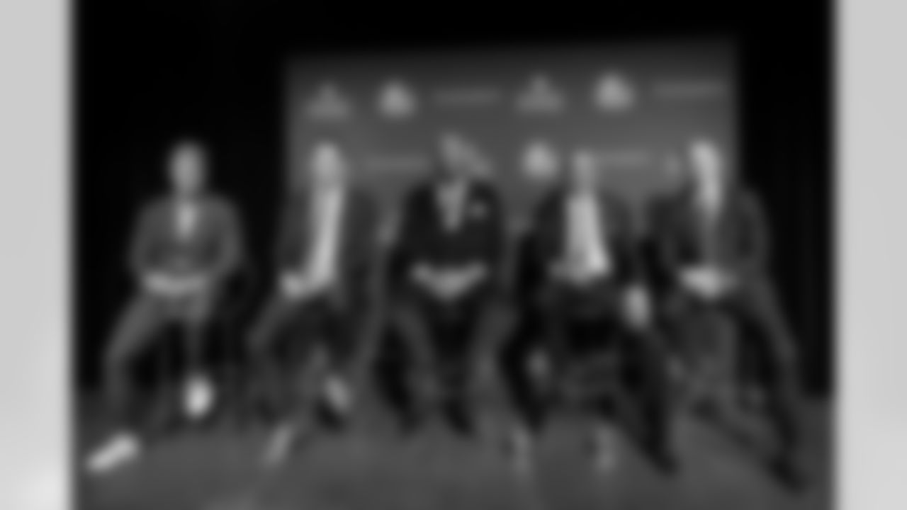 Adam Vinatieri, from left, sits with Luke Kuechly, Larry Fitzgerald, Roger Craig and Drew Brees after being announced for the Pro Football Hall of Fame class of 2026 during football's NFL Honors award show in San Francisco, Thursday, Feb. 5, 2026. (AP Photo/Brynn Anderson)