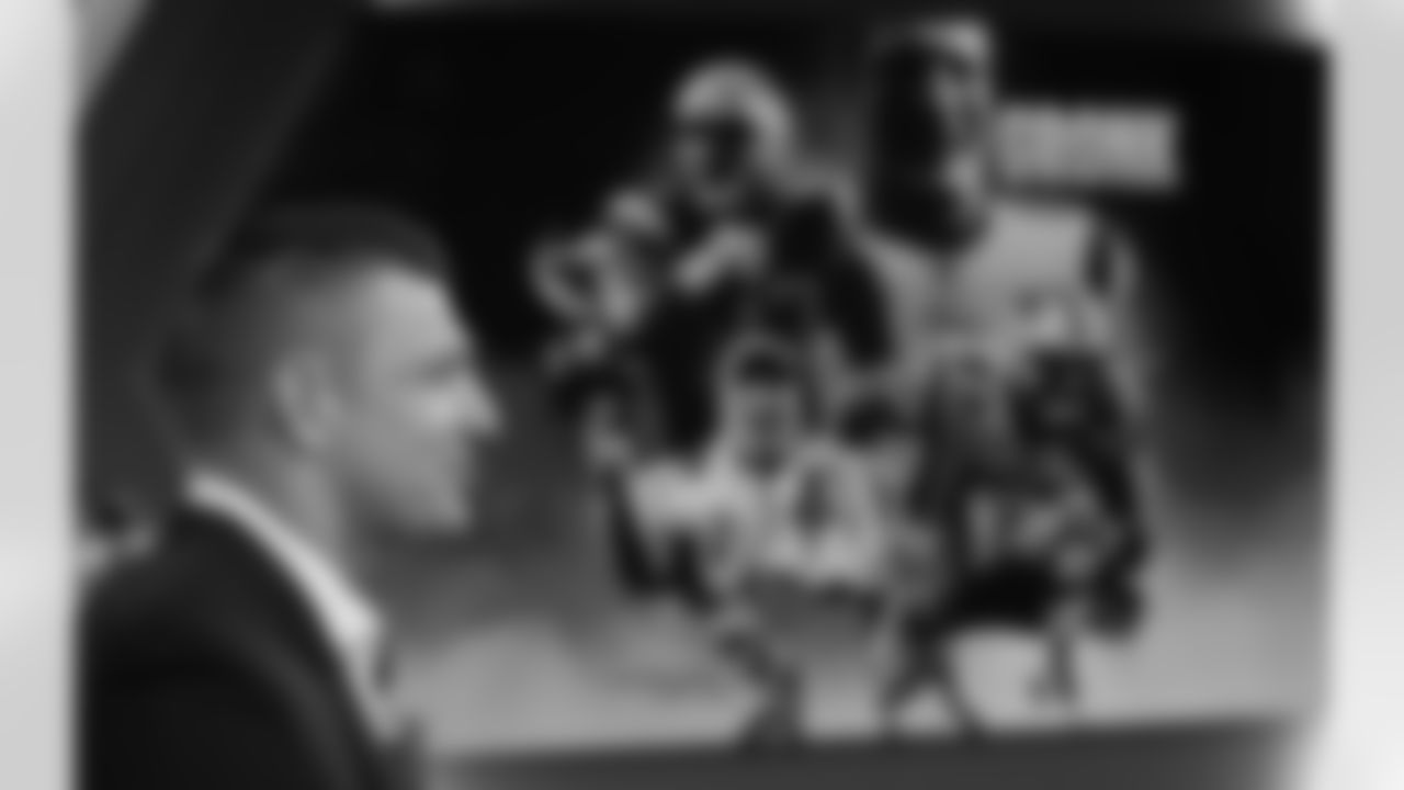 Rob Gronkowski returns to Gillette Stadium to sign a one-day contract and retire as a New England Patriot on Wednesday, Nov. 12, 2025.