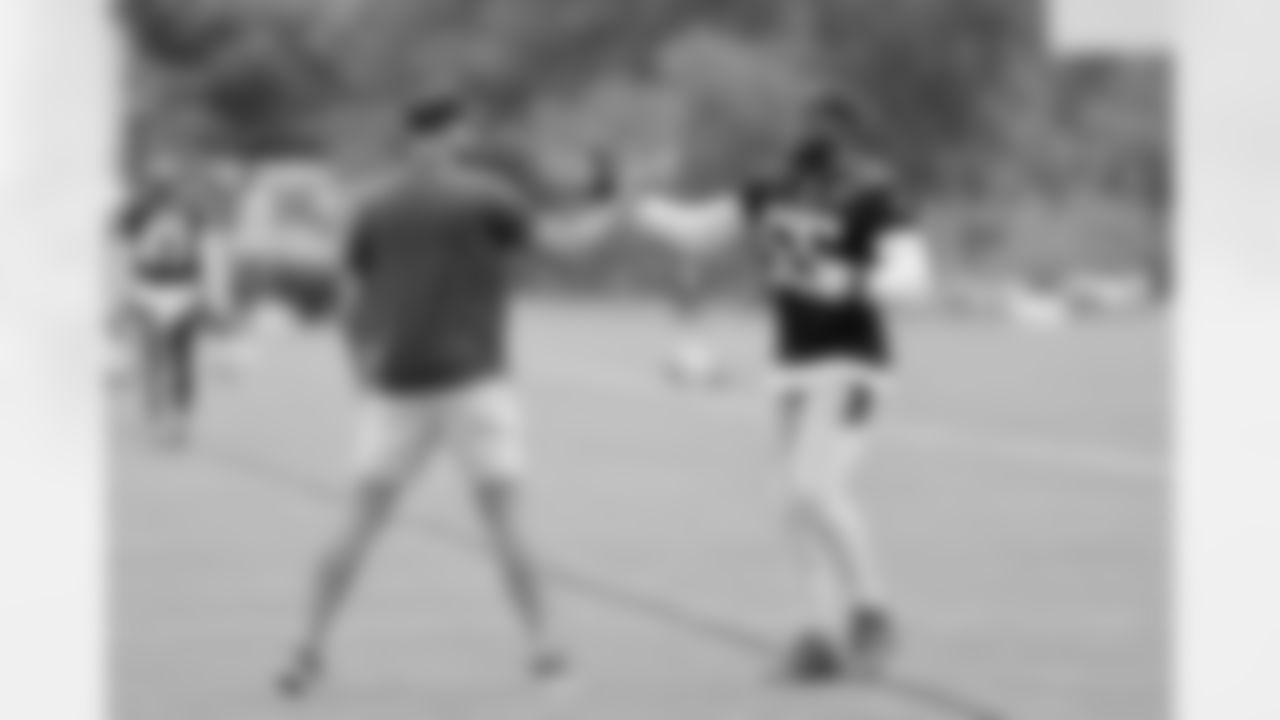 Brian Hoyer and Josh Uche at Patriots Training Camp on July 28, 2024.
