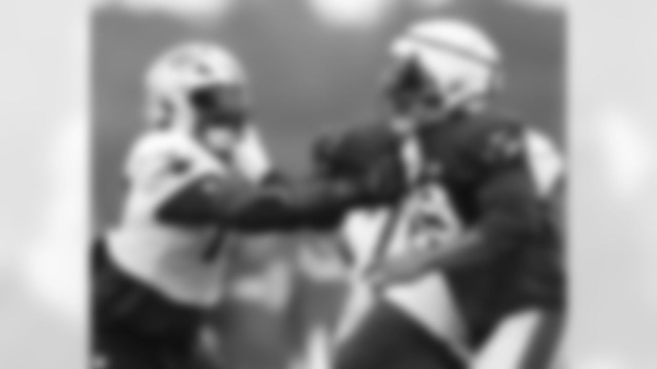Chukwuma Okorafor and Keion White practice during Patriots Training Camp on July 29, 2024.