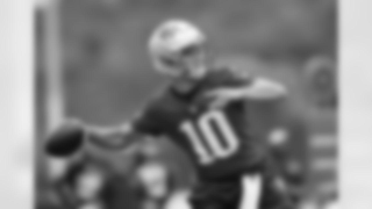 Drake Maye practices during Patriots Training Camp on July 24, 2024.