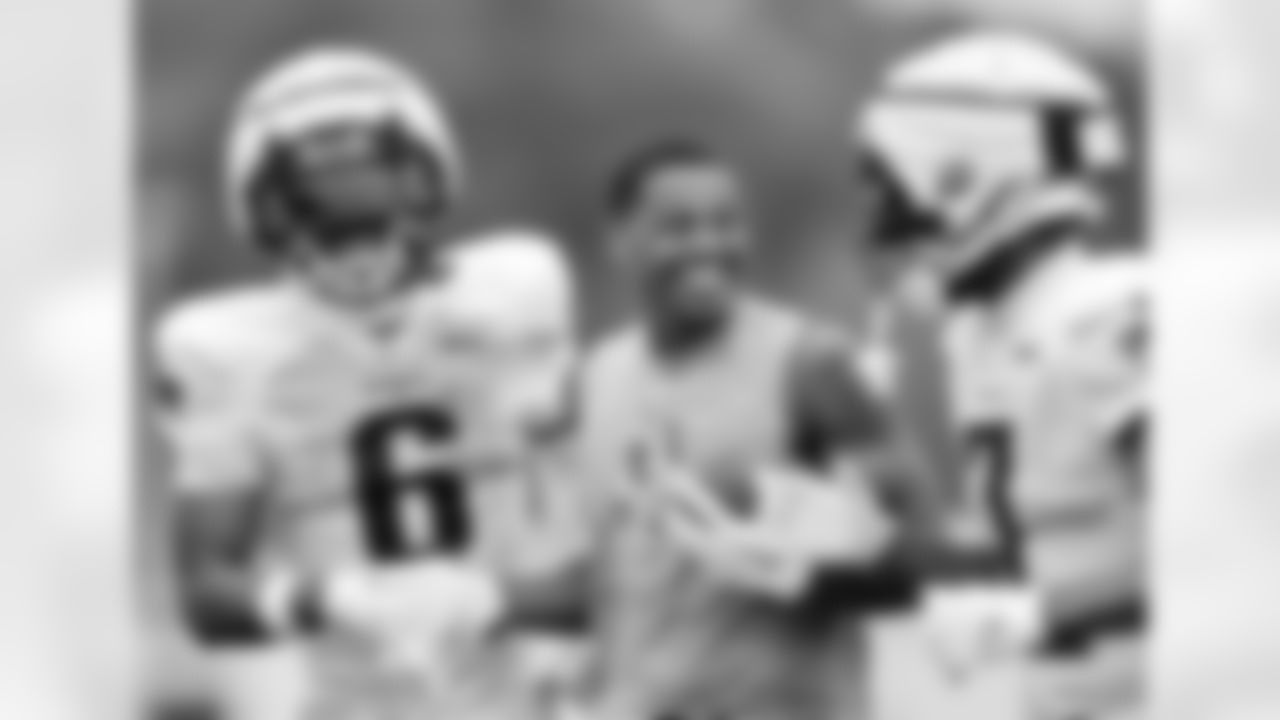 Javon Baker, Kednrick Bourne and JuJu Smith-Schuster at Patriots Training Camp on July 29, 2024.