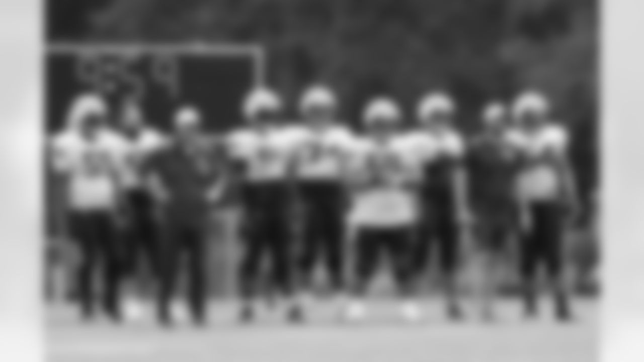 The Patriots offensive line at Patriots Training Camp on July 30, 2024.