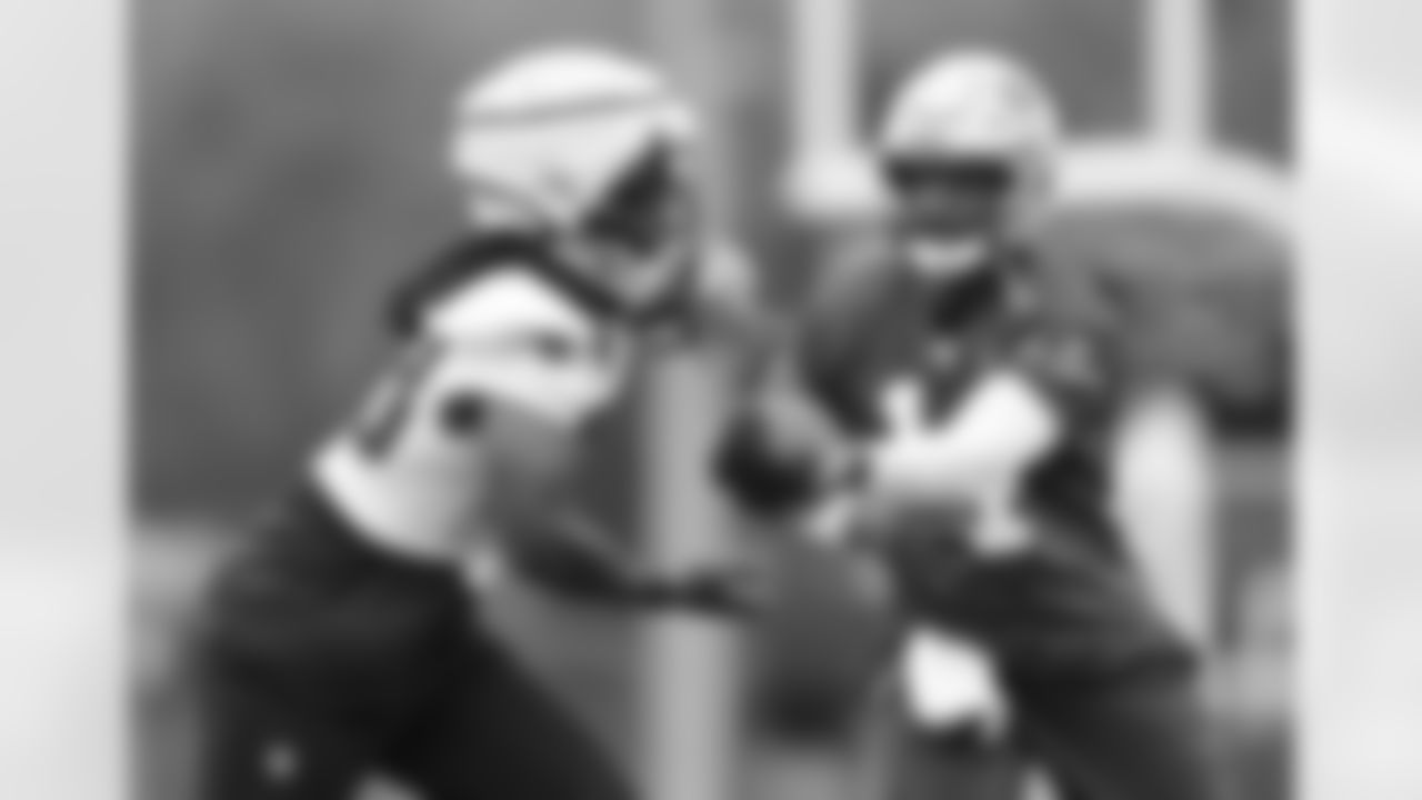 Rhamondre Stevenson and Jacoby Brissett practice during Patriots Training Camp on July 24, 2024.