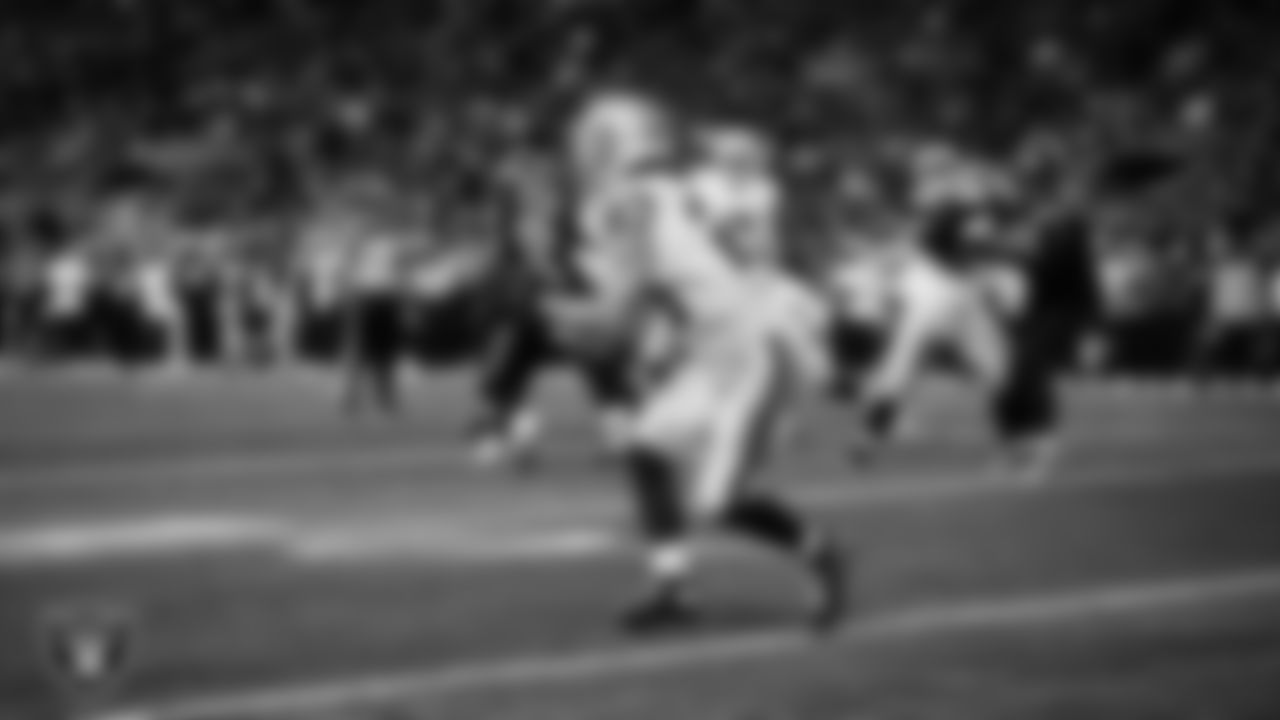 Las Vegas Raiders running back Dylan Laube (23) makes a 6-yard touchdown catch during the preseason away game against the Seattle Seahawks at Lumen Field.