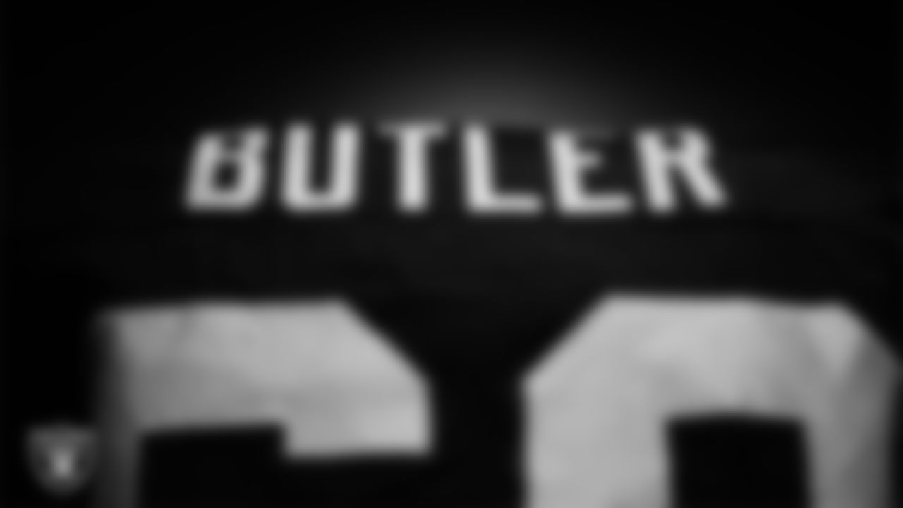 Las Vegas Raiders defensive tackle Adam Butler's (69) pads in the locker room prior to the Raiders' arrival for their regular season home game against the New York Giants at Allegiant Stadium.