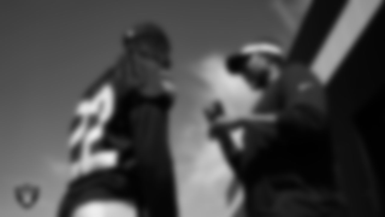 Las Vegas Raiders cornerback Eric Stokes (22) and defensive coordinator Patrick Graham at an Organized Team Activity (OTA) at Intermountain Health Performance Center.