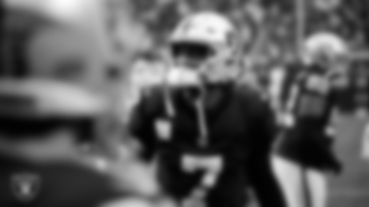 Las Vegas Raiders quarterback Geno Smith (7) is introduced onto the field before the regular season home game against the Cleveland Browns at Allegiant Stadium.