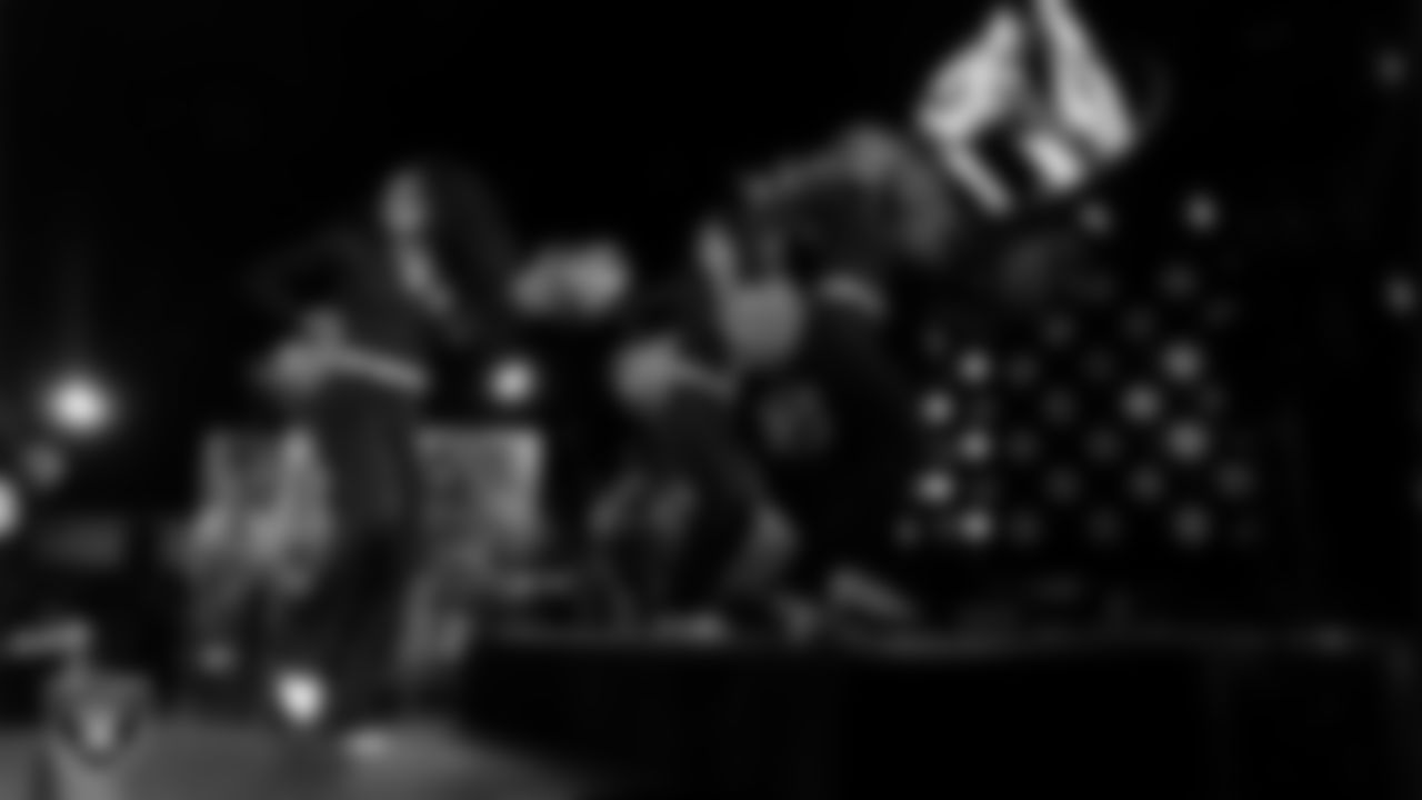 Raiderettes Shayla, Meekela and Cori perform with rapper and record producer Lil Jon during halftime at the Las Vegas Raiders regular season home game against the Los Angeles Chargers at Allegiant Stadium.