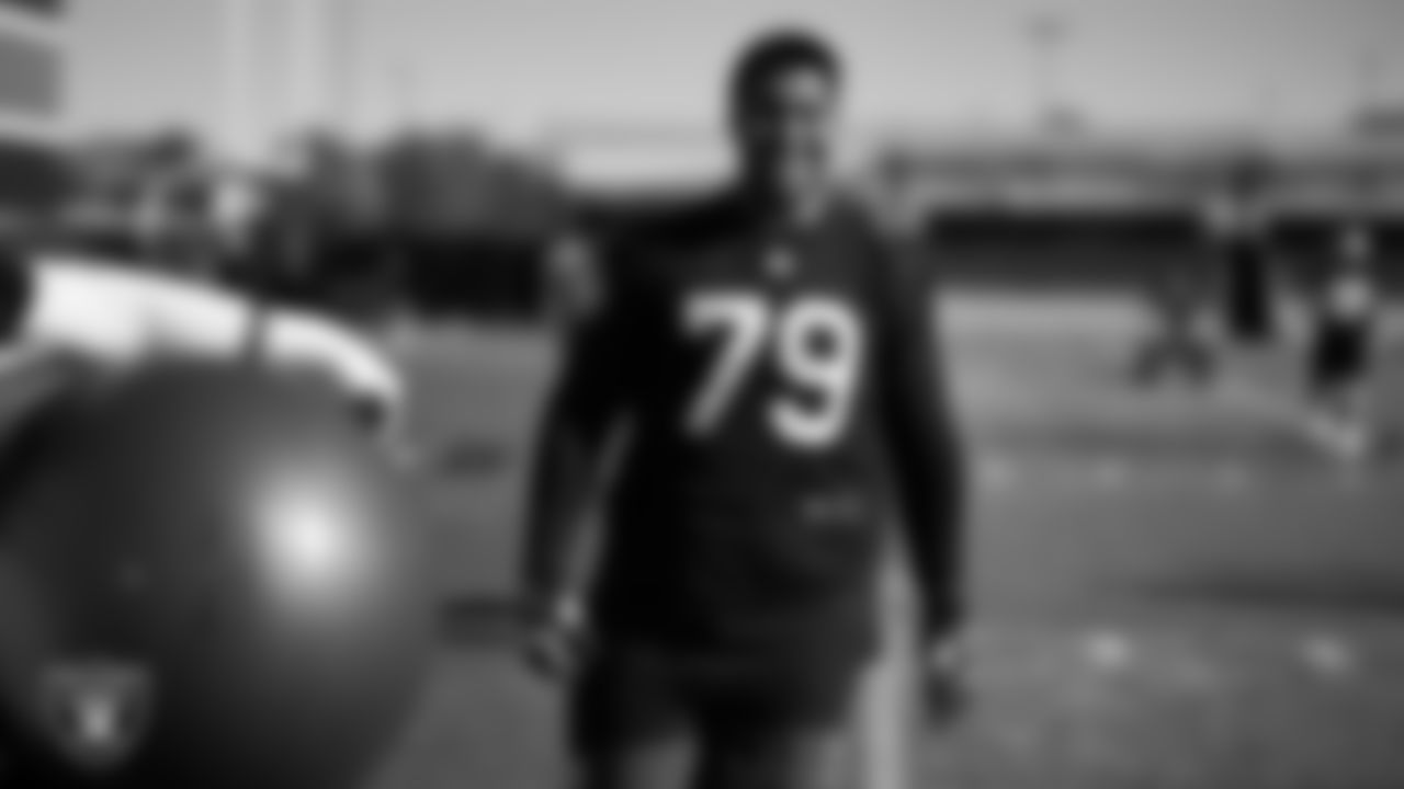 Las Vegas Raiders offensive lineman Laki Tasi (79) during practice at Intermountain Health Performance Center.