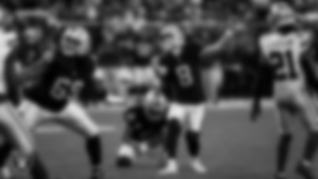 Las Vegas Raiders kicker Daniel Carlson (8) kicks a 35-yard field goal during the regular season home game against the Dallas Cowboys at Allegiant Stadium.