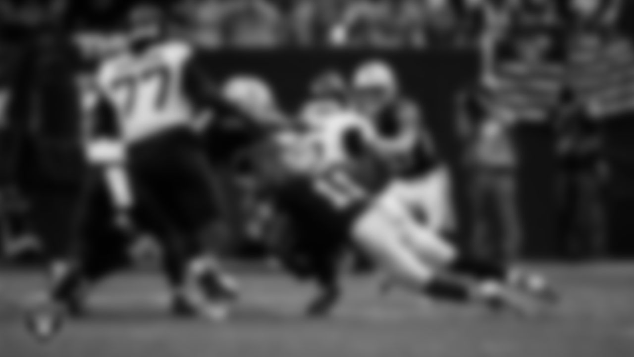 Las Vegas Raiders safety Jeremy Chinn (11) makes a tackle during the regular season home game against the Jacksonville Jaguars at Allegiant Stadium.