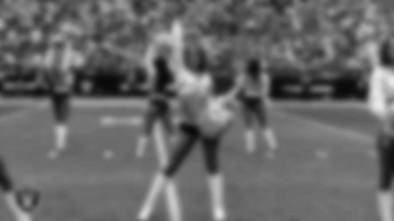 Raiderette Shelby during player introductions before the regular season home game against the Denver Broncos at Allegiant Stadium.