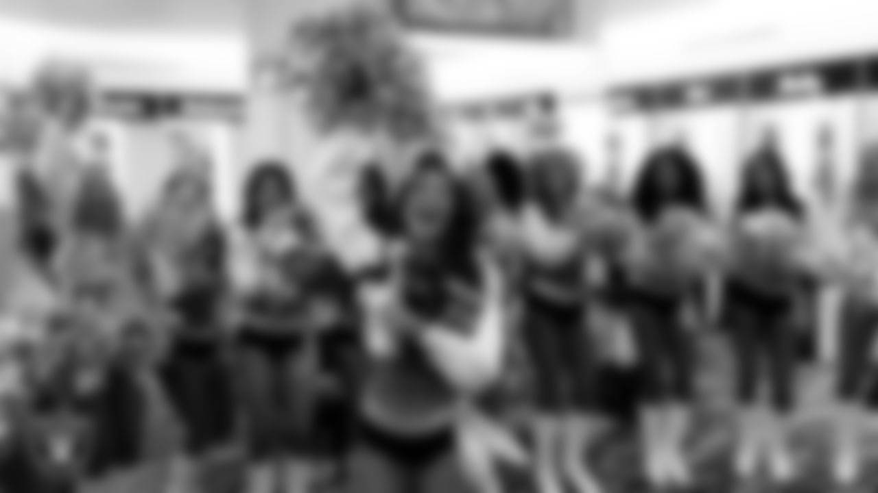 Raiderette Cheyanne is named Raiderette of the Game in the locker room before the regular season home game against the Los Angeles Chargers at Allegiant Stadium.